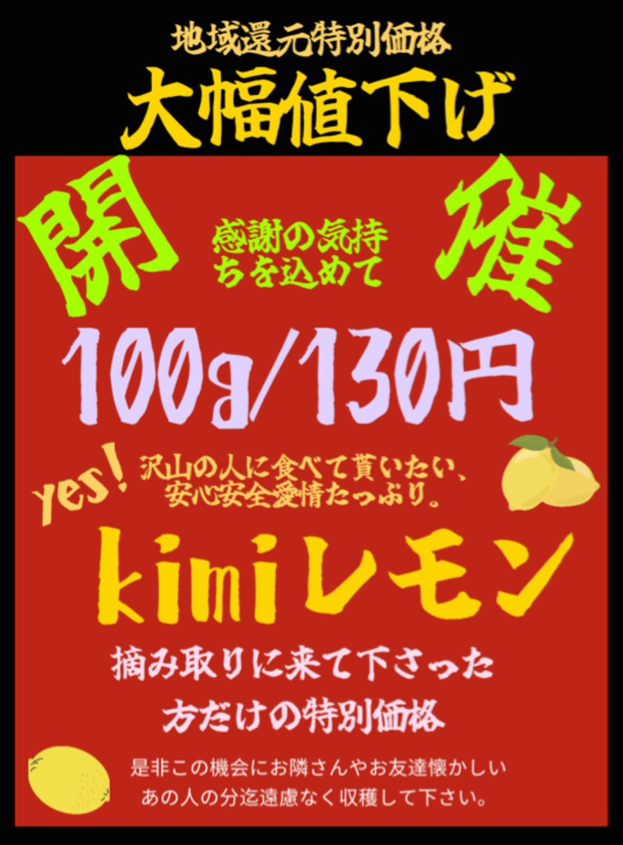 kimiklm2's tweet photo. 観光需要が伸び悩みまだ大量のレモンが残っています、
安売りはしたく無いのですが沢山の人に食べてもらいたい！
大事に育てたレモンです！
是非この機会に摘み取りにいらして下さい。
B品特価レモンも販売していますのでご利用下さい。
作業しながらゆるーく営業中♪
#kimiレモン
#レモン狩り https://t.co/vNZ1XfjuVJ