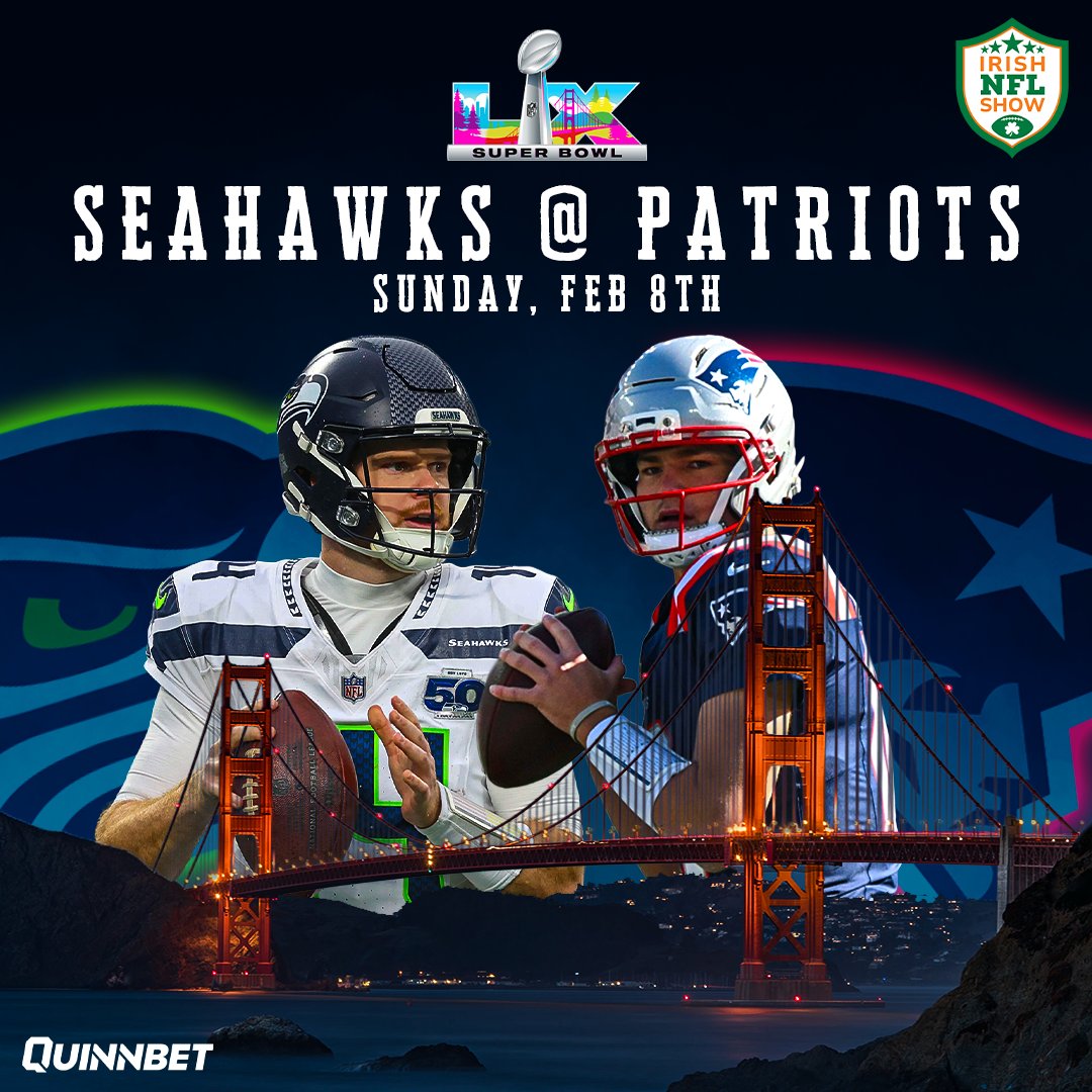IrishNFLShow's tweet image. Super Bowl LX is set! 🏈

The Seahawks will face the Patriots in a rematch of Super Bowl XLIX

It's going to be an exciting one to witness live in 2 weeks.

In partnership with @quinnbet

#NEPats #Seahawks
