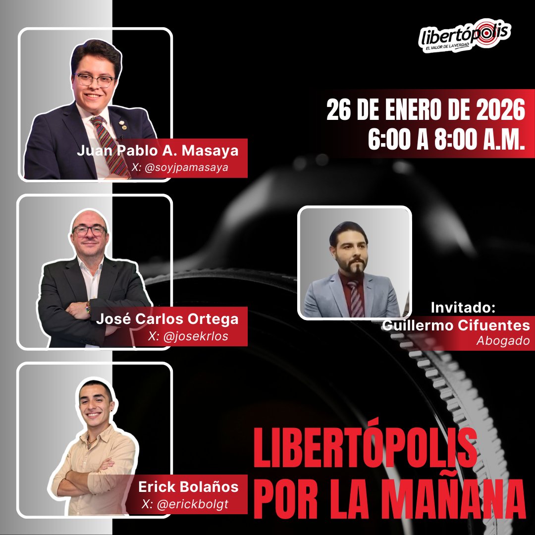 📻 Sintoniza Libertópolis por la Mañana

🎙️ Acompañanos como cada mañana, junto a nuestros conductores
🎧 En cabina:
• Juan Pablo Álvarez (<a href="/soyjpamasaya/">Juan Pablo</a>)
• José Carlos Ortega (<a href="/josekrlos/">José Carlos Ortega Santa Cruz</a>)
• Erick Bolaños (<a href="/erickbolgt/">Erick Bolaños</a>)

📅 Fecha: 26 de enero de 2026
⏰ Hora: 6:00 a 8:00 a.m.