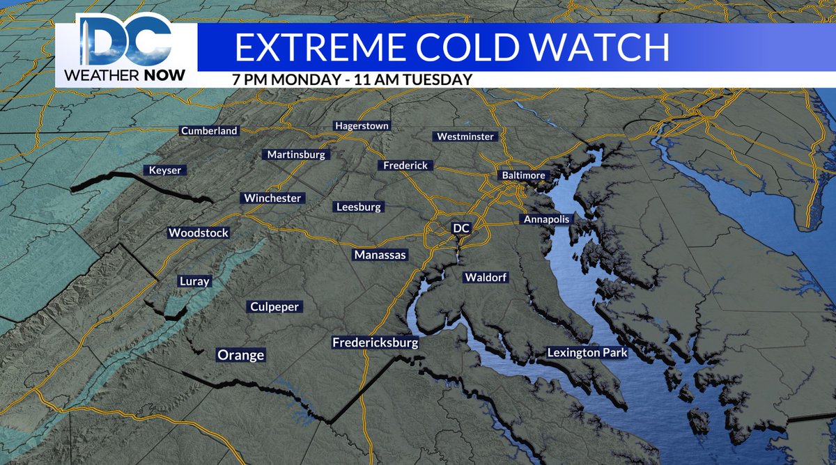 WeatherJackie's tweet photo. 8pm Sunday: Extreme Cold Watch from 7 pm Monday - 11 am Tuesday for Garrett County, MD, Mineral County, WV, and along the spine of the Blue Ridge in VA. Wind chills could drop to -25°. Frostbite could occur in as little as 30 minutes on exposed skin.🥶 #LayerUpAlert https://t.co/7KBAnxuLH7