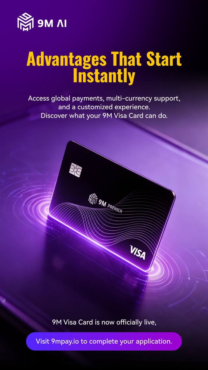 ⚡ Reshaping the logic of intelligent finance
Defined by more than payment, but freedom

🌍 9M Visa Card opens a global perspective
Aggregating crypto and fiat in one single card
Providing bespoke cards and plans for you

🚀 9M Visa Card is now fully launched
Visit