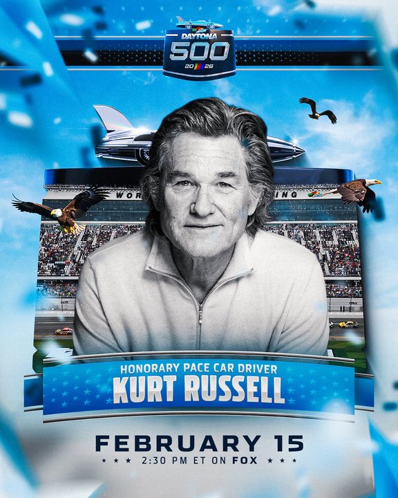 DAYTONA's tweet image. He’s no stranger to the big stage.

Thrilled to have Kurt Russell serve as our Honorary Pace Car Driver for the 2026 #DAYTONA500!