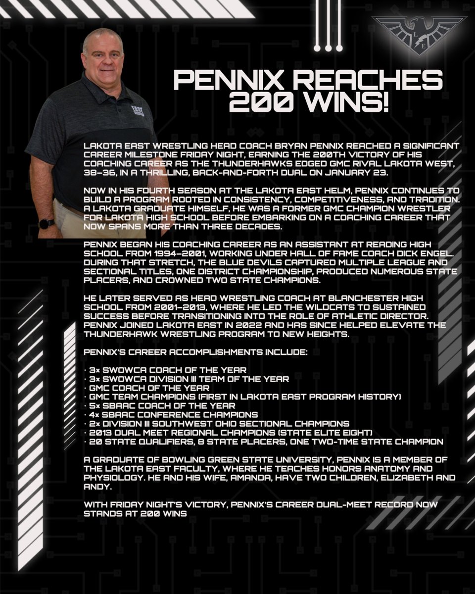 Lakota East Head Wrestling Coach Bryan Pennix Reaches 200 Win Milestone!