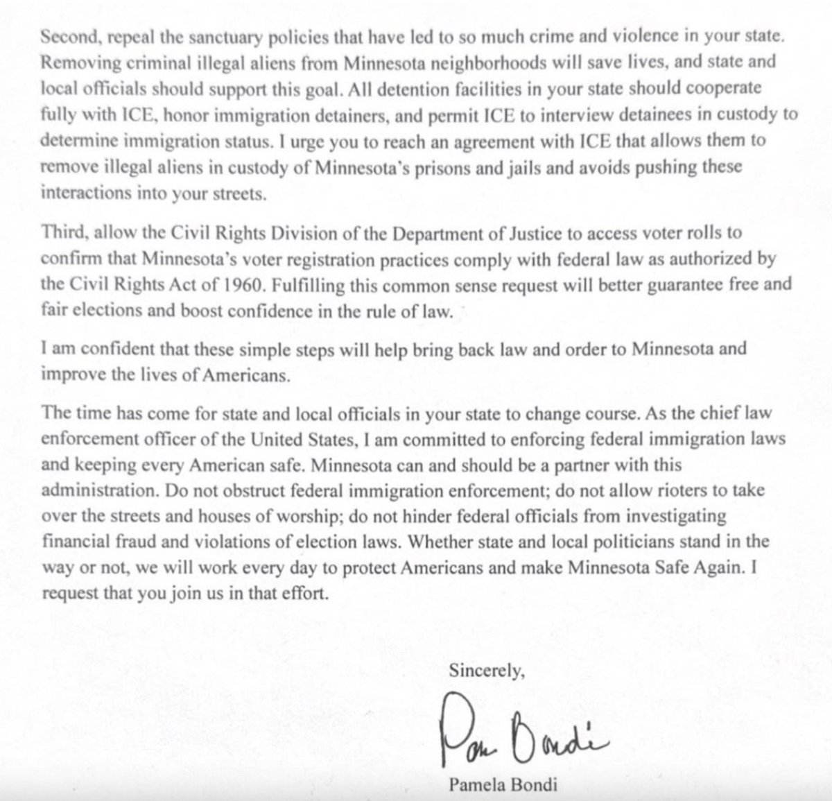 AlphaNews's tweet photo. NEW: Attorney General Pam Bondi sent a letter to Gov. Tim Walz yesterday saying three "simple steps" will help "bring an end to the chaos in Minnesota." 

She called for the state to provide records on Medicaid and SNAP to investigate for fraud; repeal sanctuary policies and allow ICE access to prisons and jails; and provide the state's voter rolls to ensure Minnesota's voter registration practices comply with federal law. 

As many across the state call for deescalating, tonight Minnesota's Democratic Party put out a formal statement  telling Bondi to "fuck off."