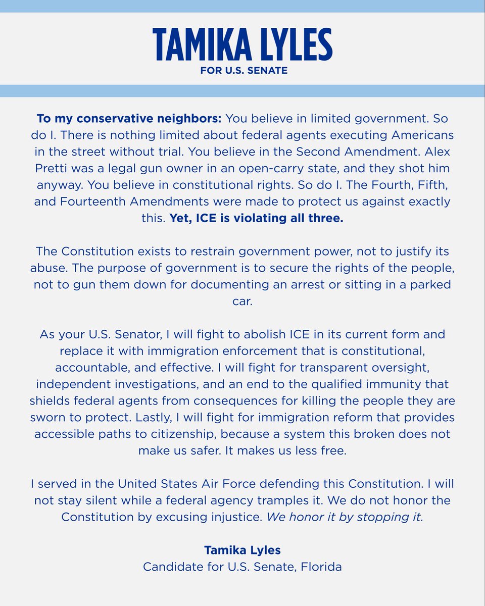 LylesforFlorida's tweet photo. Three American citizens are dead at the hands of a federal agency operating without accountability. That is not law enforcement. It is state violence.
ICE, as it exists today, must be abolished and replaced with constitutional, accountable enforcement that protects human life. https://t.co/PPzUmTuahH