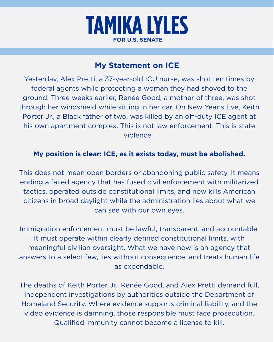 LylesforFlorida's tweet photo. Three American citizens are dead at the hands of a federal agency operating without accountability. That is not law enforcement. It is state violence.
ICE, as it exists today, must be abolished and replaced with constitutional, accountable enforcement that protects human life. https://t.co/PPzUmTuahH