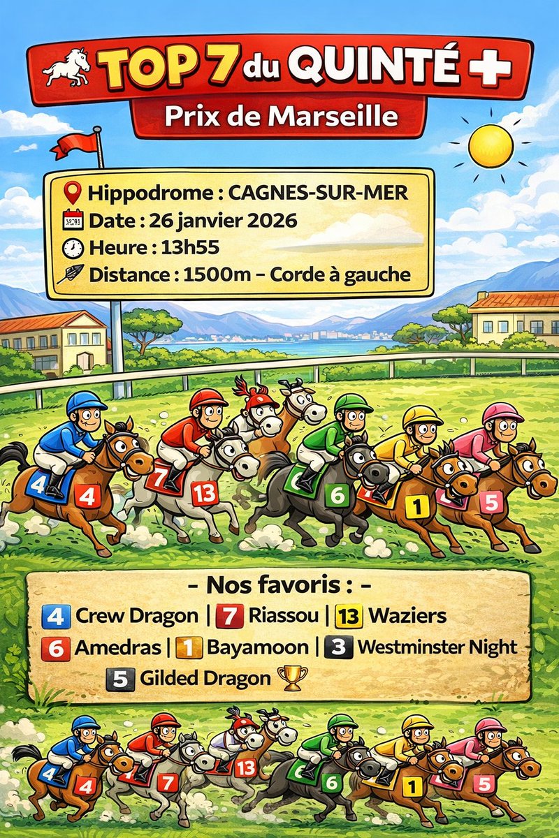 yukayuka732's tweet photo. Quinté+ – R1 C3 
📍 Cagnes-sur-Mer
📅 26 janvier 2026
⏰ 13h55
Nos favoris :
4️⃣ Crew Dragon | 7️⃣ Riassou | 1️⃣3️⃣ Waziers | 6️⃣ Amedras | 1️⃣ Bayamoon | 3️⃣ Westminster Night | 5️⃣ Gilded Dragon 🏆
#QuintéPlus #CourseHippique #PMU #Turf #Chevaux #Pronostic #PariGagnant 🐎 https://t.co/Hr0MAo1xmV