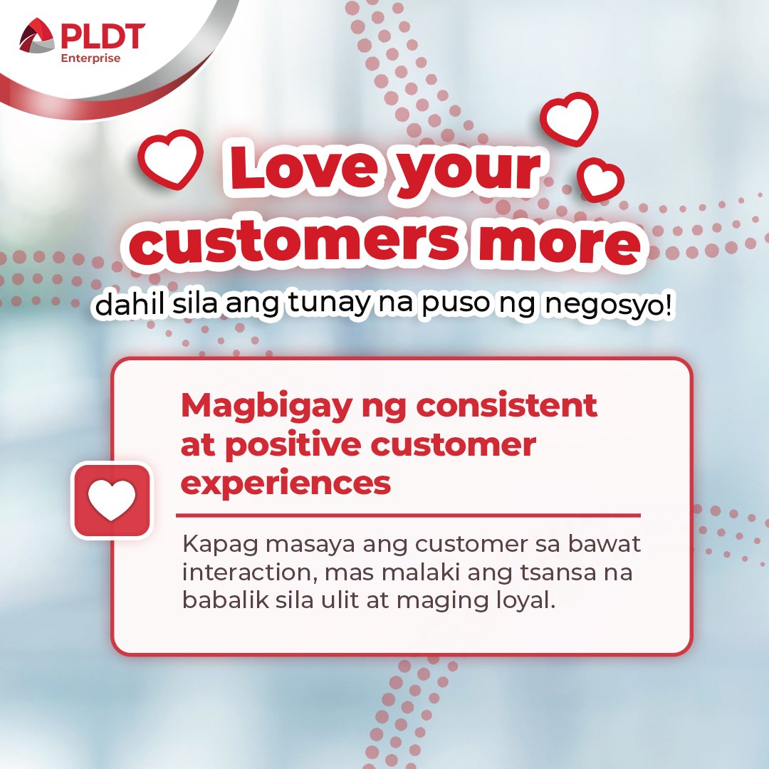 PLDTEnterprise's tweet photo. Kapag consistent ang serbisyo, pinapakinggan ang suggestion ng mga customer, at pinaparamdam sa kanila na mahalaga sila sa negosyo, mas tumitibay ang kanilang tiwala at mas marami ang nagrerekomenda ng brand mo.💼

Learn more: https://t.co/WYXUg7fgSj

#CommittedToYourSuccess https://t.co/Rx37HKSnWF