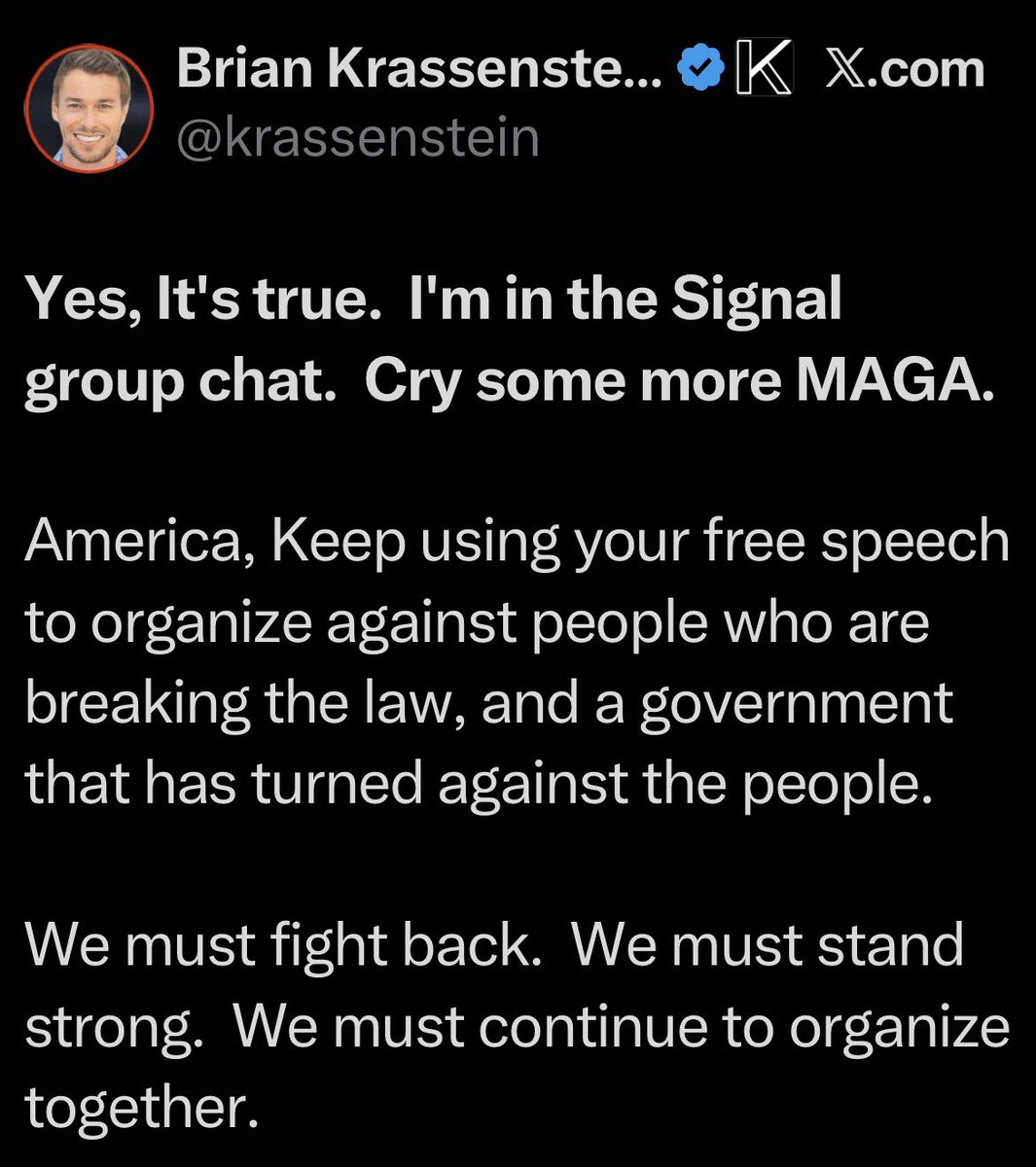 Hey <a href="/elonmusk/">Elon Musk</a> ! You said you were looking into <a href="/krassenstein/">Brian Krassenstein</a> breaking the law. I believe this qualifies….

- 18 U.S.C. § 372: Conspiracy to impede or injure officers (or prevent them from discharging duties) by force, intimidation, or threats.