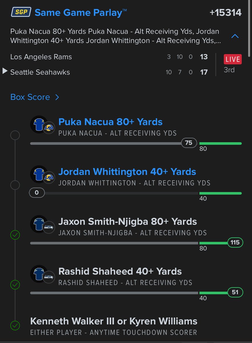 The reads have been feasting

Great game so far, here’s a ticket I have in play.

I need a Jordan Whittington bomb! 

+15314 💣💣💣