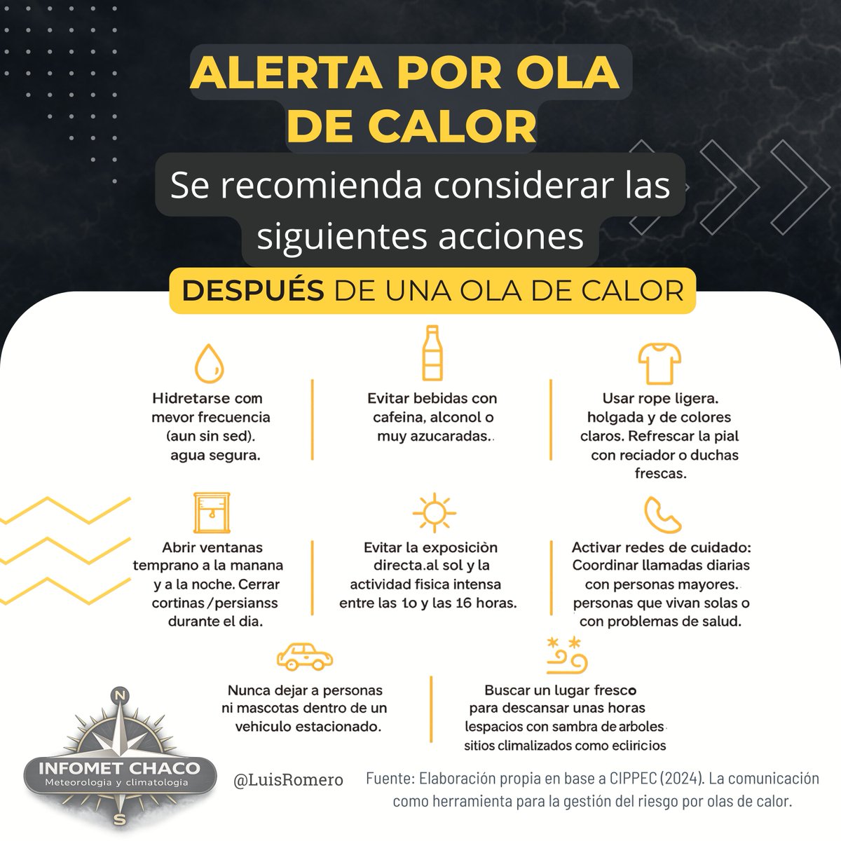 🌡️ Alerta por temperaturas extremas en el NEA ⚠️⛱️

Este lunes se esperan temperaturas muy elevadas en Chaco, Corrientes, norte de Santa Fe, Misiones y Formosa, con máximas de 35 a 40 °C y mínimas altas.
Gran parte de la región continúa bajo alerta amarilla por calor.