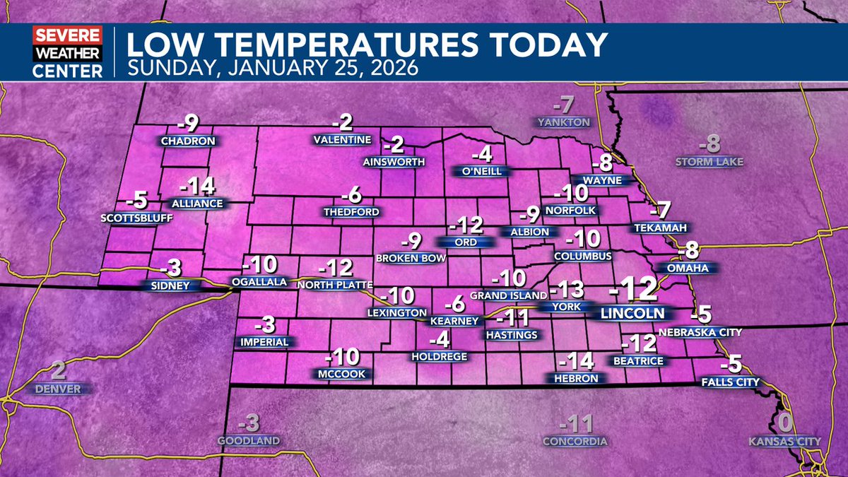 ClattucaWX's tweet photo. What an incredibly cold morning we had today! I don't know what's more remarkable, the fact that it dropped down to -12 or that we still needed another 10 degrees to break the record in Lincoln. Regardless it was cold and it could be just as cold Monday morning. https://t.co/ffUTflnAl9