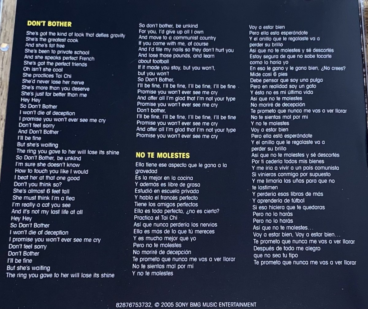 ¿Alguna vez han leído la letra oficial de "Don't Bother" en español? Se titula "No Te Molestes" y se encuentra en el sencillo promocional estadounidense. #Shakira #DontBother #NoTeMolestes