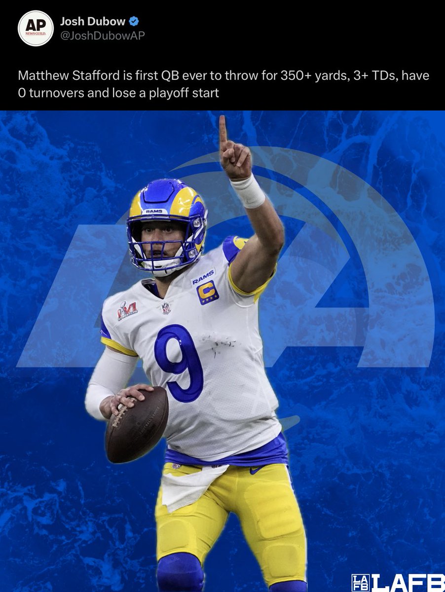 LAFBNetwork's tweet image. Historic night. Zero turnovers. Three-plus touchdowns. Over 350 yards. And still the loss.

That is how thin the margin is, and how little this one was on Stafford.

#RamsHouse #MatthewStafford #NFLPlayoffs #LAFB