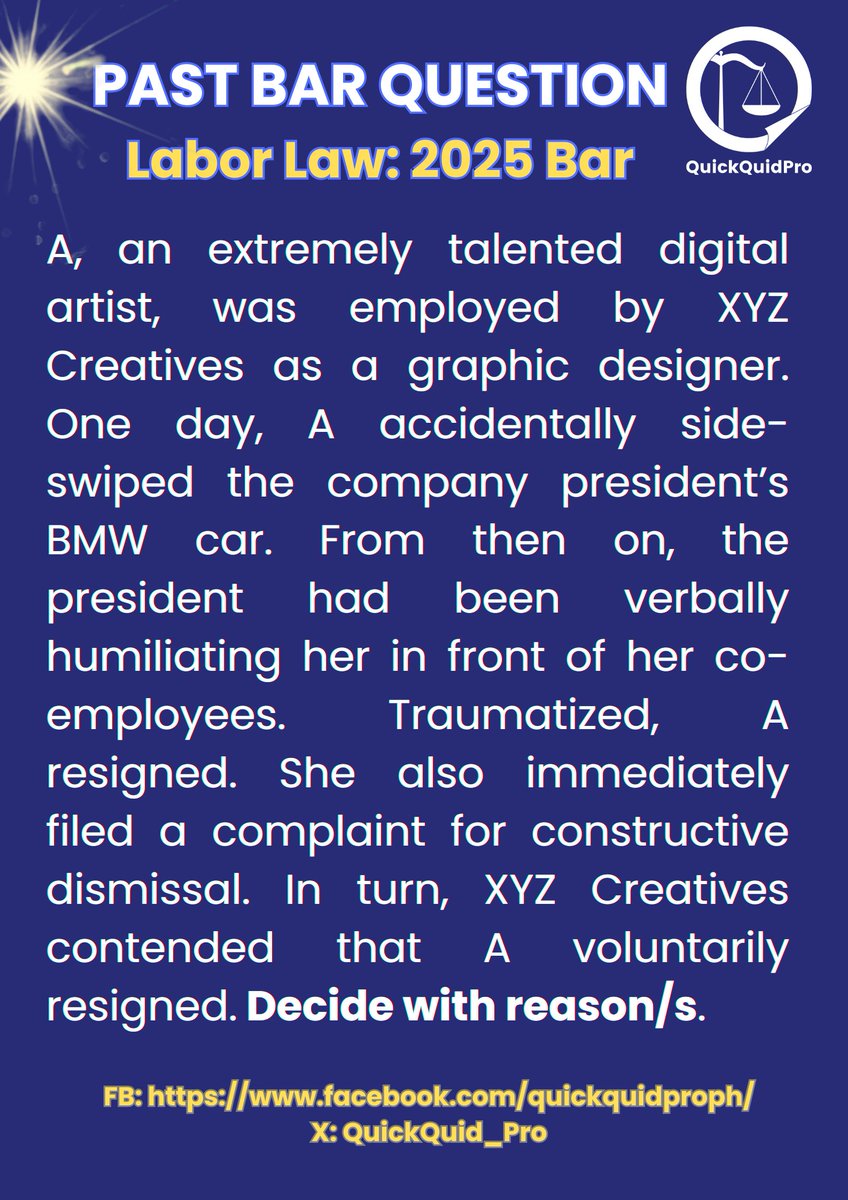 QuickQuid_Pro's tweet image. QuickQuid Pro Weekly Bar Questions ⚖️📖

Labor Law: (Security of Tenure under Article 294 [formerly Article 279], Labor Code) 💛

#AweSAMbar2026 
#StrivewithHopeandGrit
#SuccessAchievedthroughMerit 💛