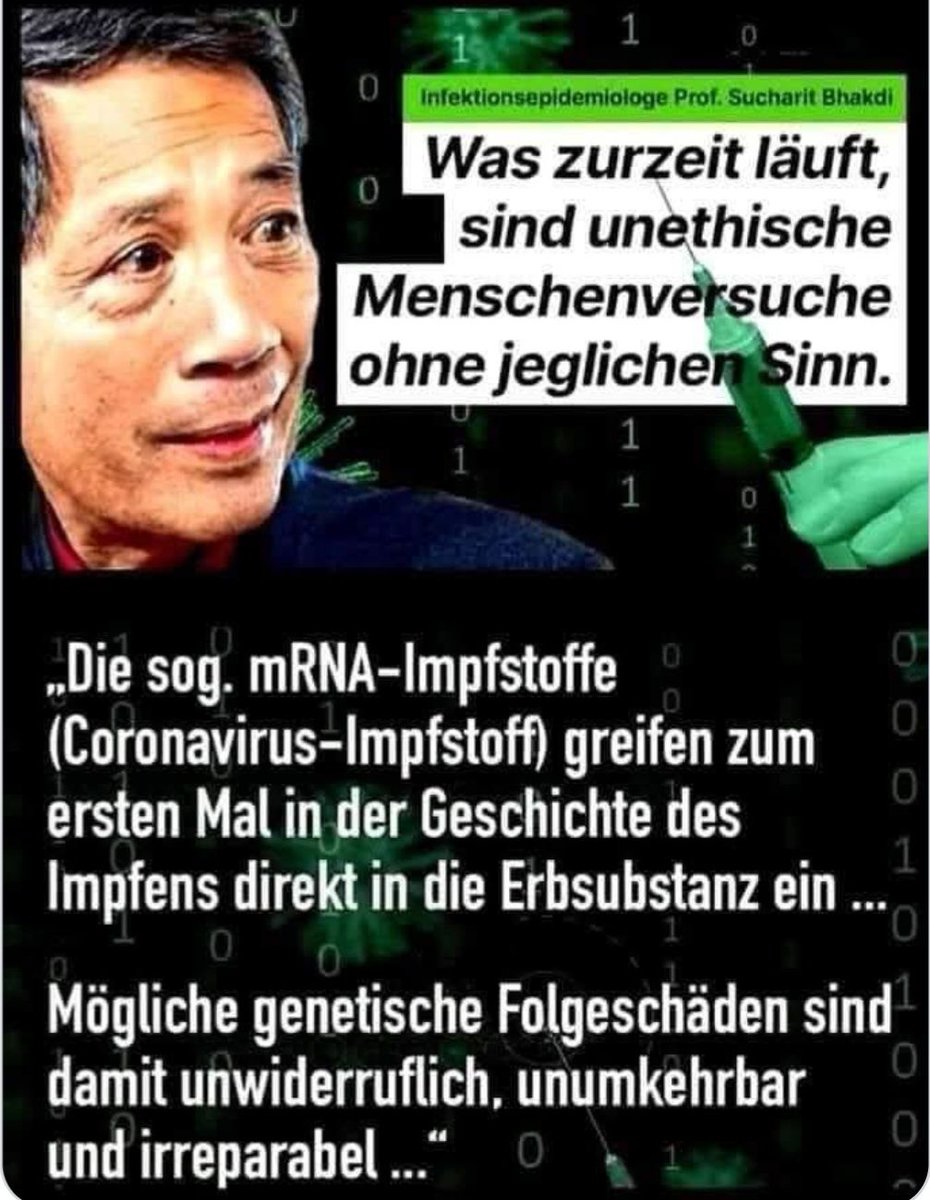 888 Ganz  nach dem Motto, wer nicht hören will muss fühlen. 

Professor Bhakdi  warnte ausreichend.

 Immunologen und Virologen warnten vor den  Studien-Stoffen.

 mRNA Miterfinder Dr. Robert Malone warnte in einer  Video-Botschaft mit "UNBERECHENBAR" vor diesem Impfstoff, weil