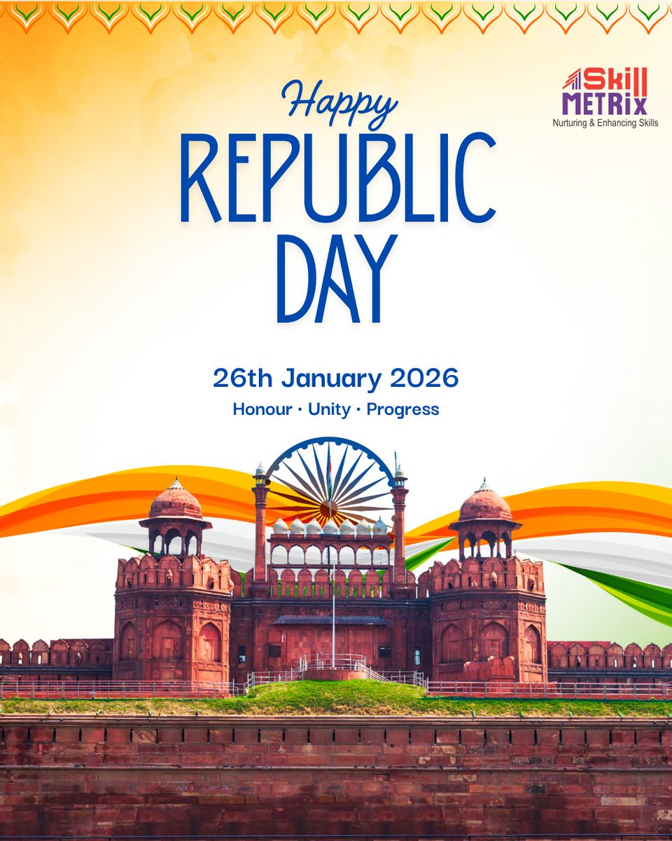 SkillMetrix's tweet photo. On this Republic Day, we honor the values of our Constitution and reaffirm our commitment to building a skilled and future-ready India.

At SkillMetrix, we believe empowered professionals create a stronger nation.

Happy Republic Day 🇮🇳

#RepublicDay #NationFirst #SkillMetrix https://t.co/5JrXQAsuM2