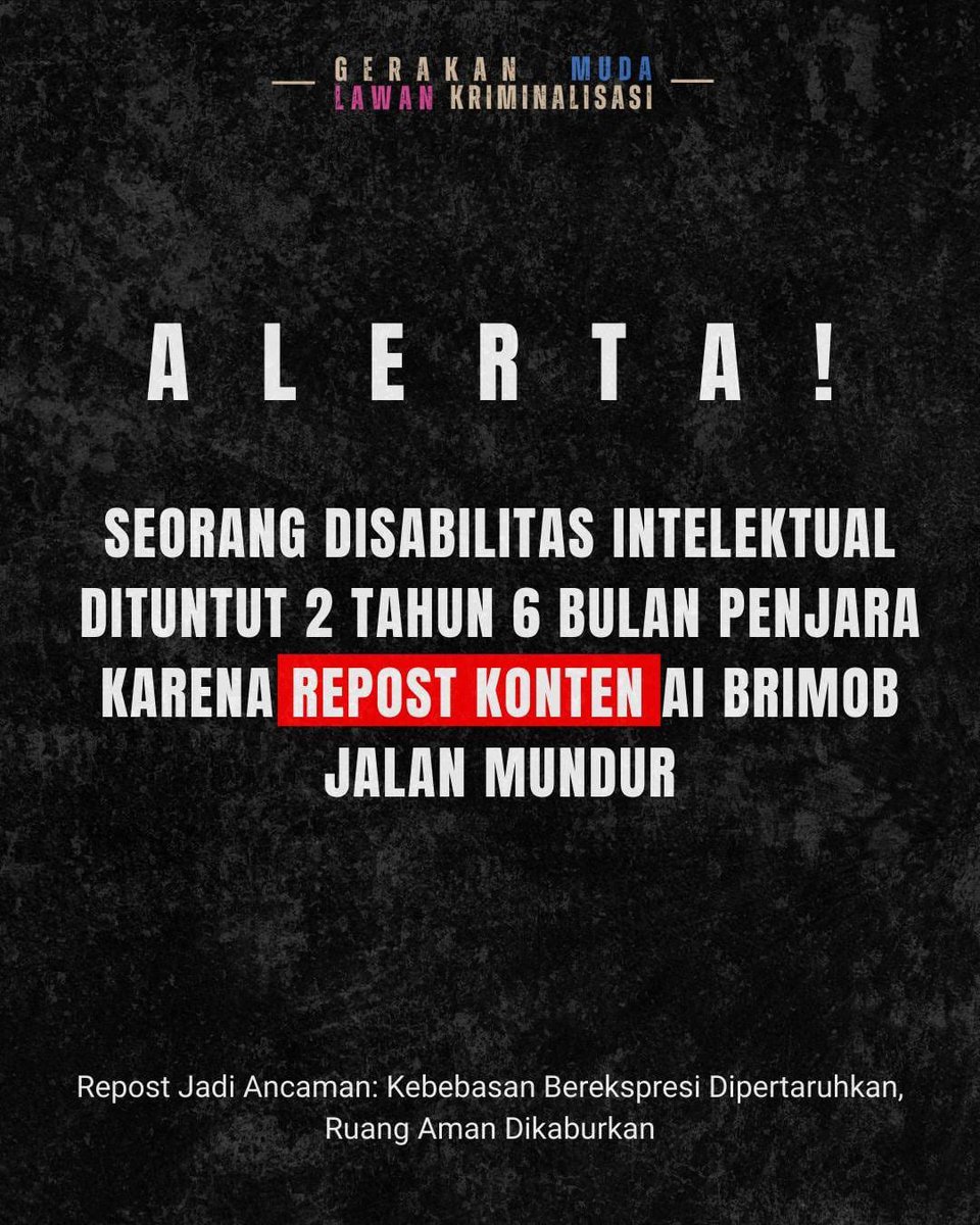 [SOLIDARITAS UNTUK JAMAL‼️]

Jamal (bukan nama sebenarnya) merupakan seorang disabilitas intelektual yang dikriminalisasi oleh aparat setelah memposting ulang sebuah konten yang memuat kritik terhadap Kapolri, Listyo Sigit, untuk mundur dari jabatannya.

Jamal dituntut oleh Jaksa