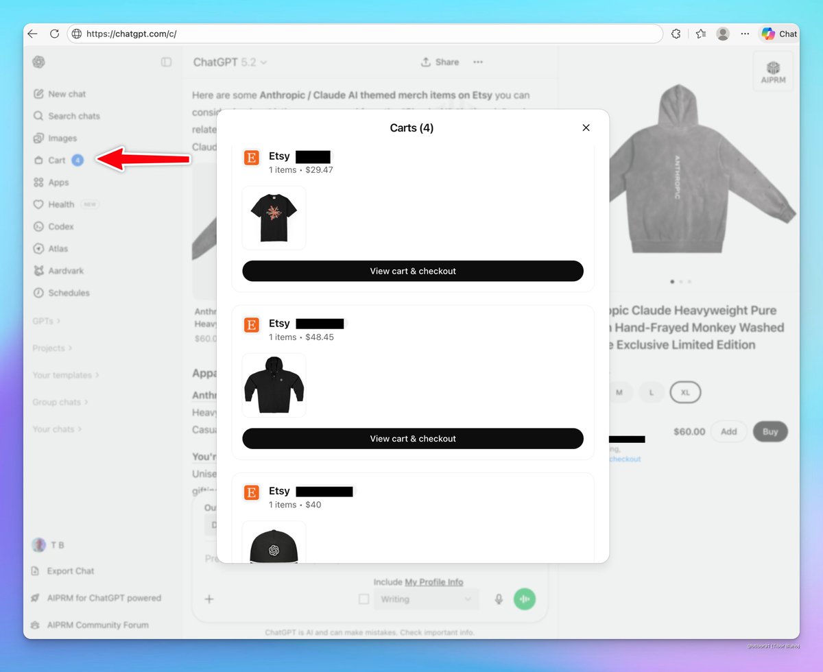 ChatGPT cart UI