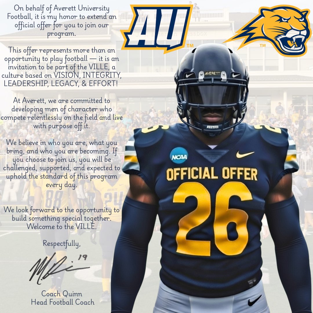 I am blessed to say I have received an offer from Averett University🙏🏾
<a href="/AverettFootball/">Averett Football</a> <a href="/CoachQuinn19/">Matt Quinn</a> <a href="/CoachHunt93/">Ryan Hunt</a> <a href="/Coach_CJohnson8/">Cory Johnson</a> <a href="/CoachMcFatten/">Coach McFatten</a>