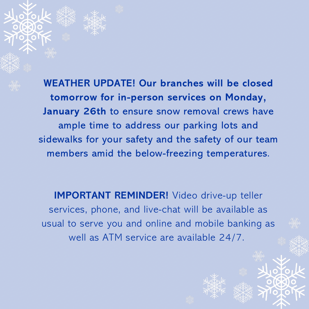 NeighborsCU's tweet image. Weather update ❄️
Our branches will be fully closed tomorrow due to winter weather. Thank you for your understanding. Please stay warm and safe!