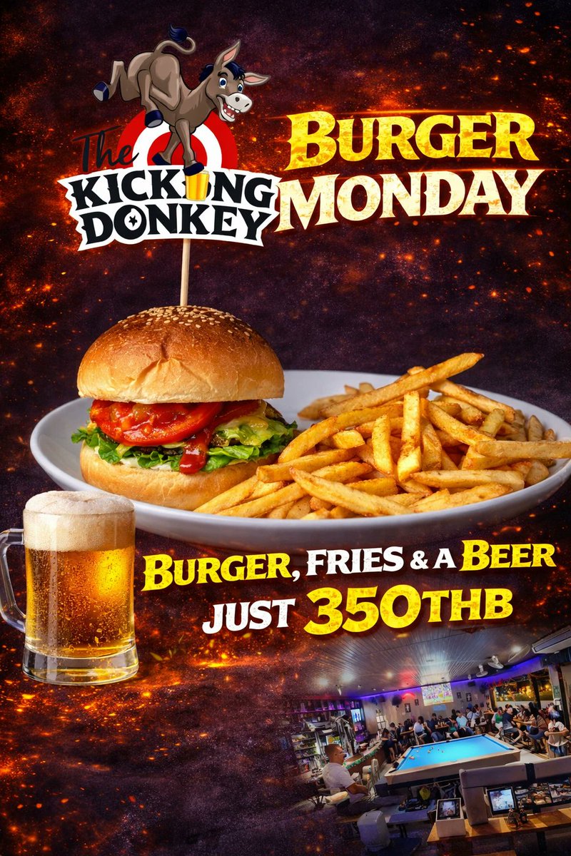 KickingDonkeyBK's tweet image. Burger Monday done right 🍔🍟🍺
Juicy burger, crispy fries &amp;amp; a cold draught — just 350 THB.
Fuel up, grab a seat, shoot some pool and make Monday way less boring.

📍 The Kicking Donkey
#BurgerMonday #BangkokBars #PoolBar #FoodDeals