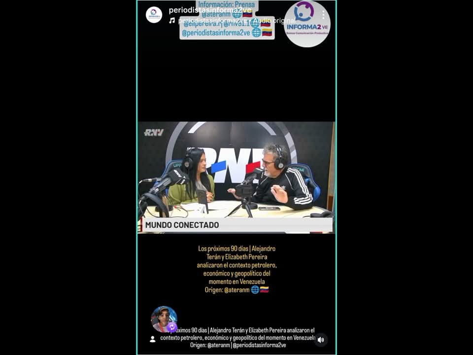 #País Los próximos 90 días | Alejandro Terán y Elizabeth Pereira analizaron el contexto petrolero, económico y geopolítico del momento en Venezuela acortar.link/O1y4px 
<a href="/Informa2ve/">Informa2ve| ¡Somos Comunicación Productiva!</a> <a href="/rccarlosj/">Carlos J. Romero C.</a> <a href="/elreporteglobal/">El Reporte Global</a> <a href="/joserioslugo/">José Ríos Lugo</a> <a href="/AlejandroTeranM/">Alejandro Teran M.</a> #Venezuela