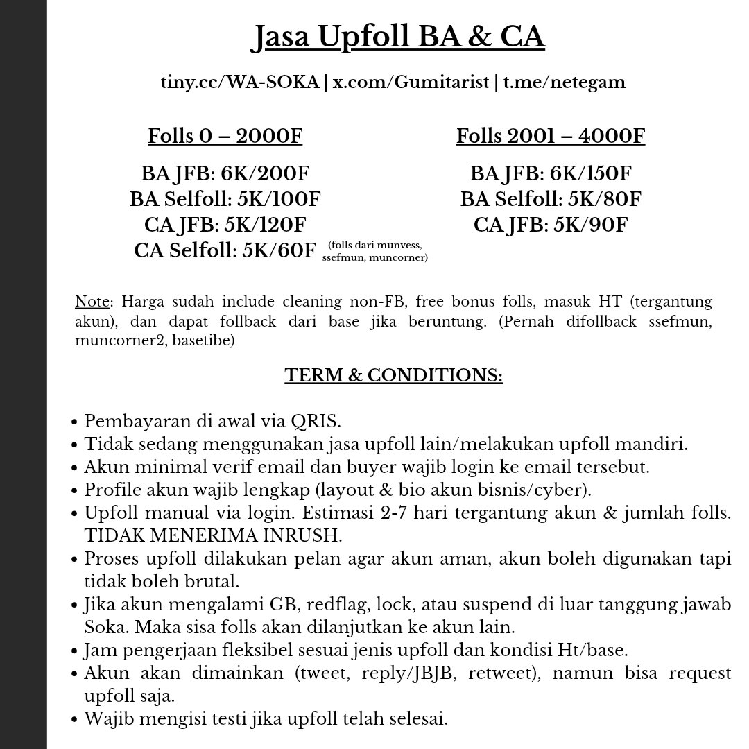 boleh tolong retweet? terima kasihh! #zonauang #zonaba 

aku open upfoll BA &amp; CA yaa guys! avail selective dan jfb, tapi buat CA baru avail yang selective ajaa. price list &amp; tnc tertera, tapi semisal ada yang mau ditanyain dulu boleeh chat ke wa / tele ajaa.

testi ada di replyy