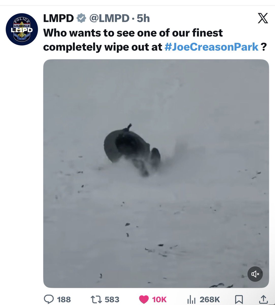 TheDMVLive's tweet image. Shoutout to the @LMPD for holding it down and giving us some content during the snow storm. They’ve had some banger tweets over the last 24 hours. 🔥

Hopefully the social media manager gets a raise! I highly encourage you all to check out their feed for a good laugh.