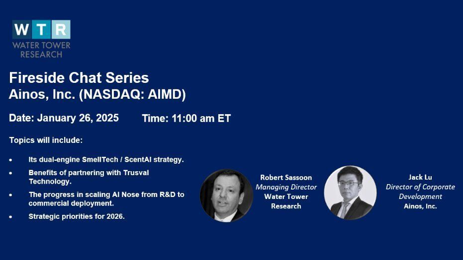 AinosInc's tweet photo. Tomorrow at 11:00 a.m. ET, we’re hosting a fireside chat with Water Tower Research to discuss our SmellTech platform, AI Nose commercialization progress, and 2026 priorities.

Register:
https://t.co/0R56Z3aZS0

$AIMD #AinosInc #Ainos #InvestorRelations #AINose #FiresideChat #SmallCap #Stocks #Techonology #HealthTech #SmellTech #ScentAI #Investing #AI