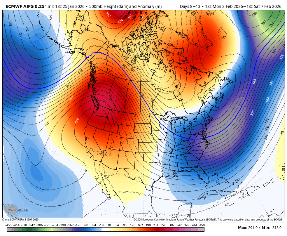 NbergWX's tweet photo. It would appear somewhat clear we are locked into this pattern now of big cold and winter weather events in the eastern U.S. for a while yet. Euro AI holds, even strengthens this pattern once we get into the first 10 days of February.

This is the upper level pattern Feb 2. to Feb. 7.
Lots of cold in the east with this.

It may not be until the 2nd half of February until we finally get the persistent trough out of the east coast.

I hope you like cold.