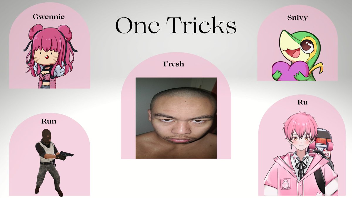 Now, the 2nd team, we have : One Tricks! 
The team consists of <a href="/GwennieVT/">GwennieVT 💗✨</a>, Run, Snivy, <a href="/ru_hanao/">ruル🛹🌸</a>, and their team captain <a href="/Freshbelly__/">Freshbelly</a> !