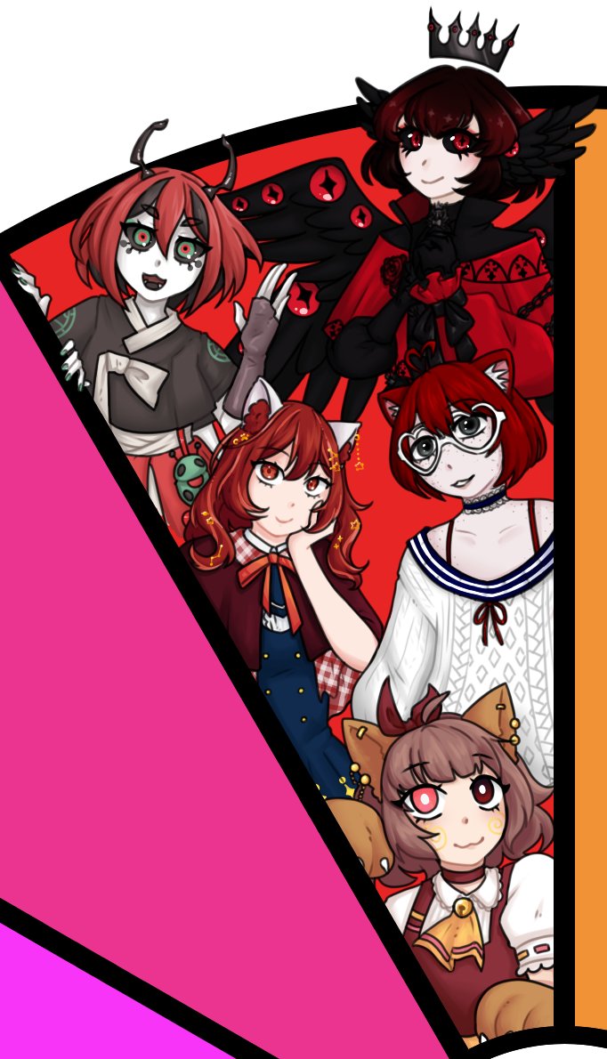The red section is complete! And with that... the entire wheel is finished! That'll be posted later.

From top to bottom today, this is @/goodnightchapel, @/beribug_, bexvalentine @ 🟦☁️, @/solfirafira and @/Laponkotsu!

I'm not biased but I loooove red VTubers :3 (I'm biased.)