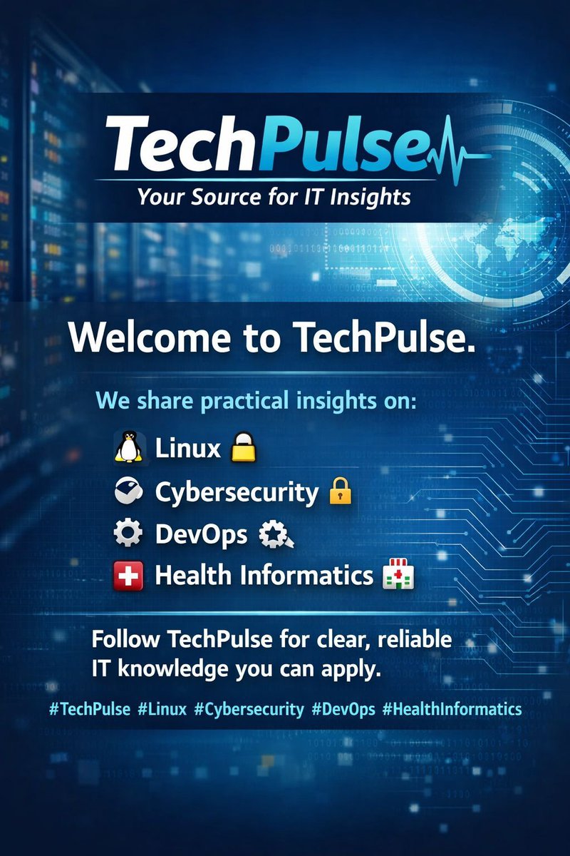 nicefem's tweet photo. Technology moves fast. Knowledge should move faster.

TechPulse delivers focused insights on Linux, Cybersecurity, DevOps, and Health Informatics for IT learners and professionals.

#TechPulse #Linux #Cybersecurity #DevOps https://t.co/gH8yDYaVt5