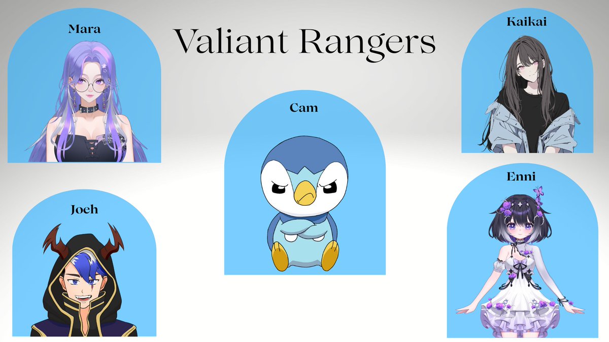 Last, but certainly not least, we have : Valiant Rangers! 
Their team is <a href="/itsmaravish/">Mara 💫Celestial VTuber</a>, <a href="/IAMJoehh/">JoehVT</a>, <a href="/SmolCuteKaiKai/">itsKaiKai</a>, <a href="/EnnigmaMoon/">Enni 💞💤</a>, and their team captain Cam ! 
We hope you will all support the teams playing, this upcoming weekend, January 30th-February 1st!