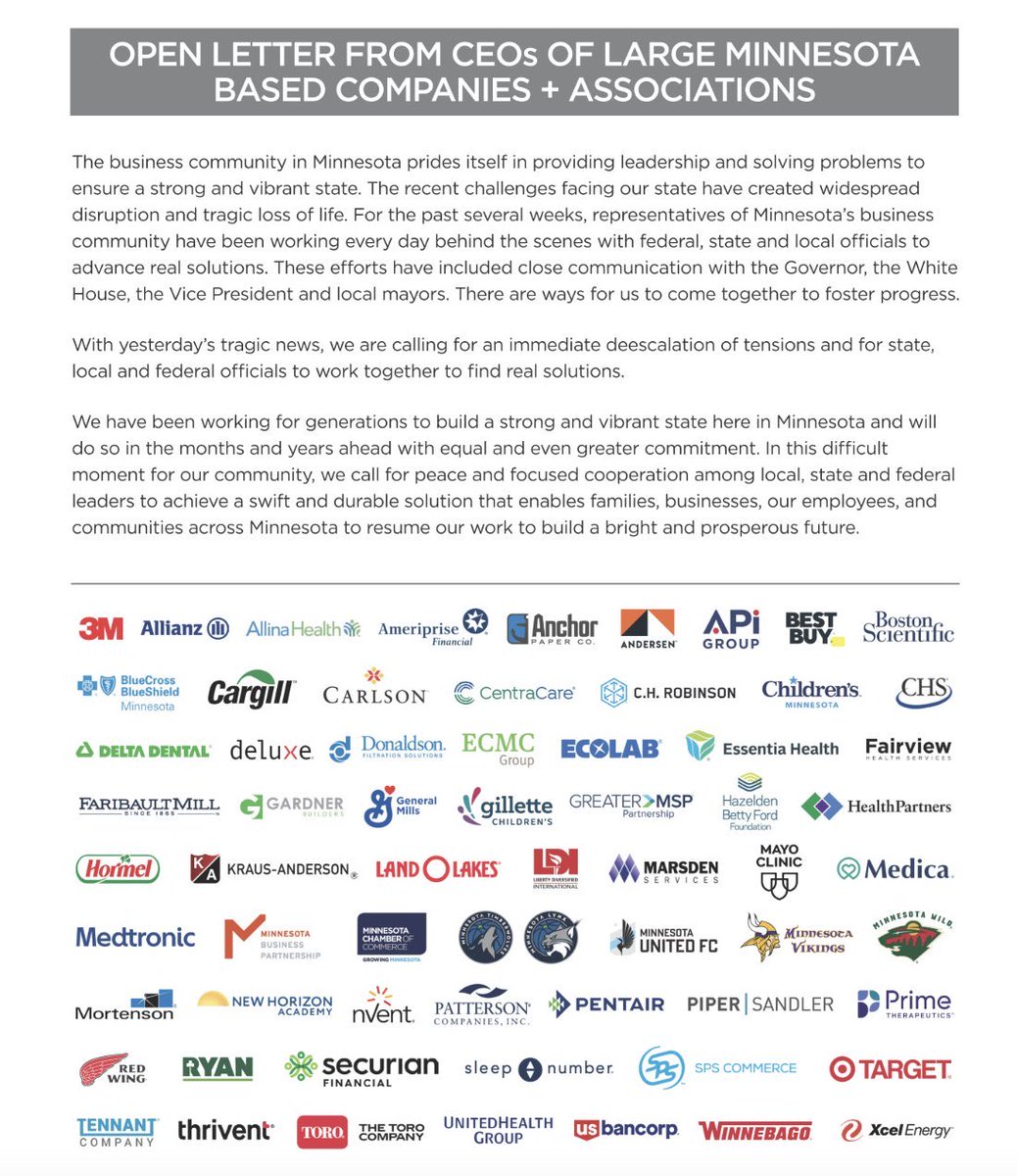 Translation: The CEOs really don’t want what’s happening in Minnesota to spark a general strike or revolution because that would threaten the only thing they care about: Profit. Keep going Minnesota. You are leading the charge and striking a nerve!
