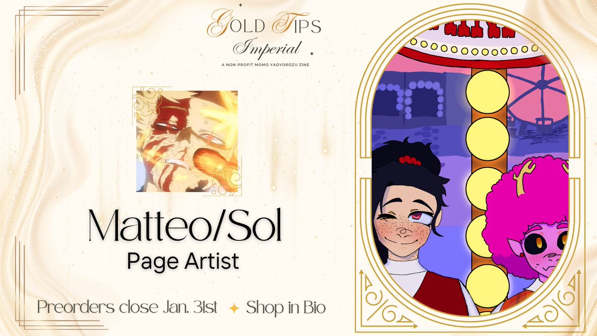 🍵 Contributor Preview! 💛

Momo &amp; Mina are having the time of their lives as <a href="/matteosilly/">💫🪐|| matteo/sol</a> shows us in their piece! If you want to see more amazing works like this one, check out our shop! 💛

#momo #momoyaoyorozu #yaomomo #bnha #mha #zinepromo

Shop Link! goldtipsimperial.bigcartel.com