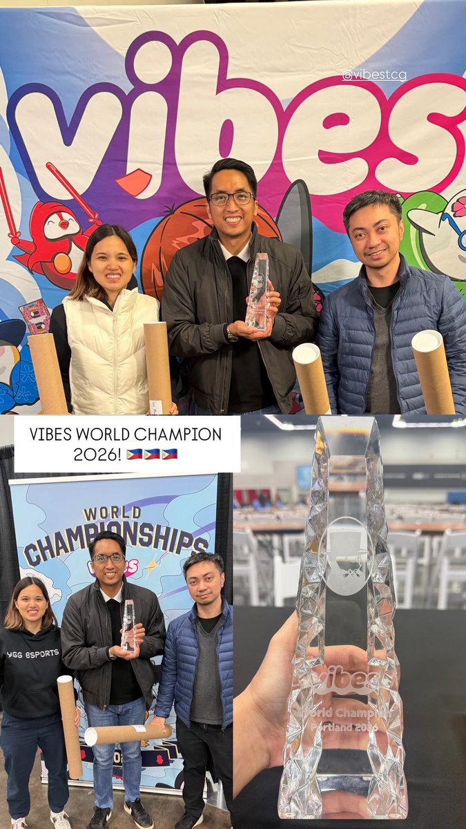 Congrats <a href="/etondelmoro/">2003112315</a>, the 1st ever Vibes world champion!! Well deserved! Excited on what’s next! 🇵🇭 <a href="/vibes_tcg/">Vibes TCG</a> 

Thank you <a href="/YggEsports/">YGG Esports</a> <a href="/YieldGuild/">Yield Guild Games</a> <a href="/gabusch/">Gabby Dizon | YGG</a> Hopefully we can get a vibes esports team in the future!!! Mission accomplished!