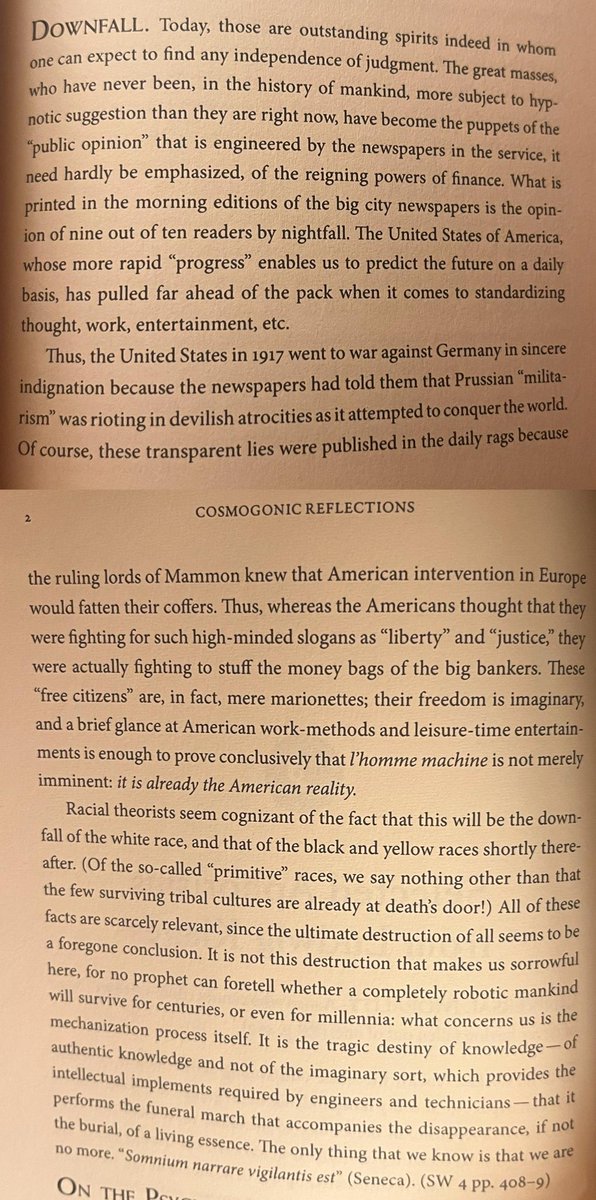 FullVerity's tweet photo. Ludwig Klages argues that the American entry into World War I marked the beginning of the downfall of the White race. Hypnotized by Jewish propaganda, Americans went to war against their own civilizational kin because they believed they were saving the West; but the truth is that they were dismantling its last bastion.

By aligning with the machine (technics, finance, press), America became the vanguard of a global mechanization process that would erase individuality, spirit, and identity rooted in blood and soil. The white race, he warned, was on a path to extinction through internal disintegration, racial deracination, and psychic automation. Even the so-called racial theorists, he says, recognize this collapse, but remain powerless to stop it.

1917 was the opening act of civilizational suicide, the first shot in what Dominique Venner would later call the European Civil War from 1917-1945. When Europe was defeated, the victors codified guilt in the form of Eternal Nuremberg, a permanent moral occupation designed to pathologize blood, crush memory, and outlaw the return of both. 

From then on, any assertion of white identity would be smeared as a crime against humanity. And now, Al doesn't need newspapers. It simply curates your feed, maps your mind, and scores your compliance. The machine no longer has to lie because it can just show you what you'll obey. 

Klages was diagnosing the death drive of a race here, but he doesn’t express sorrow over the physical destruction. What he mourns is the soul-death, that the mechanized, mass-programmed, spiritually vacant human being is no longer man, but a hollow shell marching to the funeral dirge of authentic life. So, was he wrong, or did the White race go to war with itself and lose?