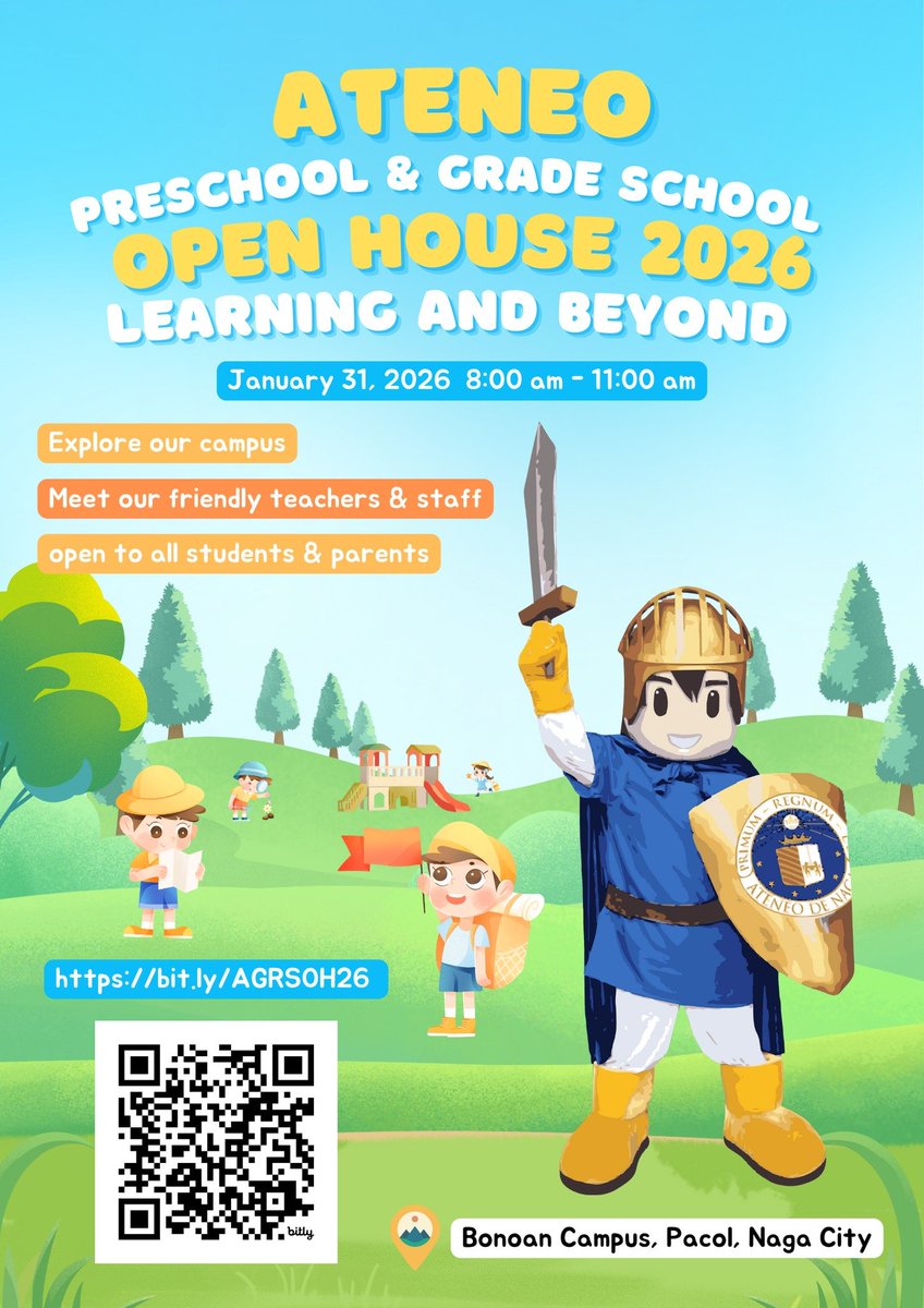 Join us at the Ateneo Preschool &amp; Grade School Open House 2026!

January 31, 2026 | 8:00–11:00 AM
Bonoan Campus, Pacol, Naga City

Source: facebook.com/adnugradeschool