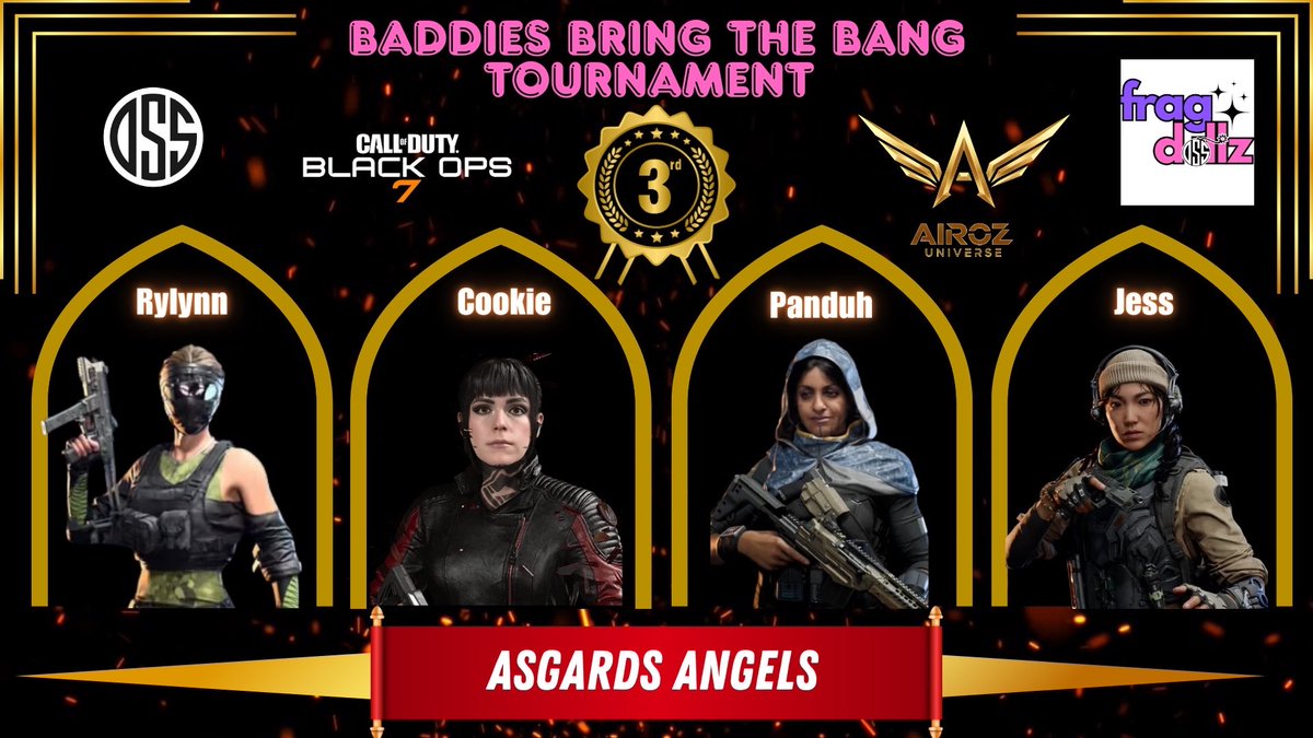 🥉 3RD PLACE — ASGARDS ANGELS 🥉

Big plays. Strong teamwork. Clutch moments when it mattered most 💖🔥
Proud of this squad for showing up and representing strong.

Show some love for these baddies 👏👑
#BaddiesBringTheBang #WomensEsports