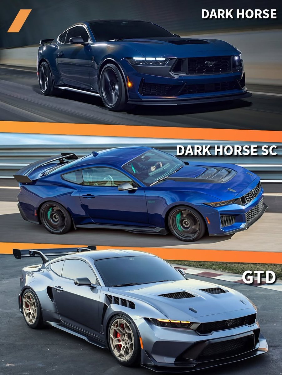 HellyPro185241's tweet photo. The new Dark Horse SC fills the gap between the Dark Horse and GTD. It’s got a supercharged 5.2L V8 with a 7-speed DCT (no manual). Ford hasn’t disclosed horsepower figures yet, but it will land between 500hp in the Dark Horse and 815hp in the GTD, which is quite the gap. A ford spokesperson told us pricing will be the same, between $70K and $300K… For sake of argument, let’s assume the 2026 Mustang Dark Horse SC makes 650hp and costs $185K. Would it be worth the money? Let us know👇