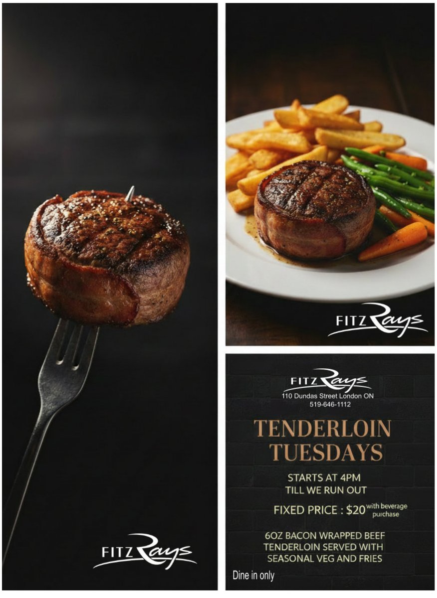 Brave the cold weather with good reason. A savor 6oz bacon-wrapped beef tenderloin with grilled veggies and fries. Join us for Tenderloin Tuesdays at $20 with a beverage. Starts at 4pm till we run out. Don’t miss out! #TenderloinTuesdays #FitzRaysEats #DinnerDelight
