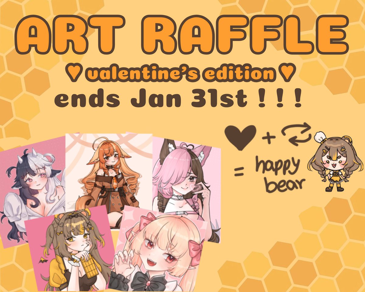 mashamiella's tweet image. 🍯 ART RAFFLE ! ! ! 🐻

》The winner will receive a valentine's day themed art .ᐟ ♡
》Ends January 31st ! ! !

To participate : 💛 + 🔄 
Follows are appreciated 🐾