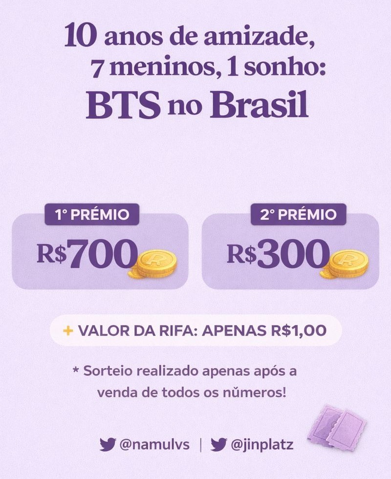 jinplatz's tweet photo. 💜 JUNTAS POR UM SONHO 💜

Eu e minha amiga @namulvs nos reunimos e criamos uma rifa pra nos ajudar a realizar nosso sonho de ir ao show do BTS

Prêmios: 

1° prêmio: R$ 700,00
2° prêmio: R$ 300,00

Cada cota custa apenas R$ 1,00 real

Participe aqui: ⬇️

https://t.co/4ofmMmTiP5 https://t.co/ytG5b8jruO