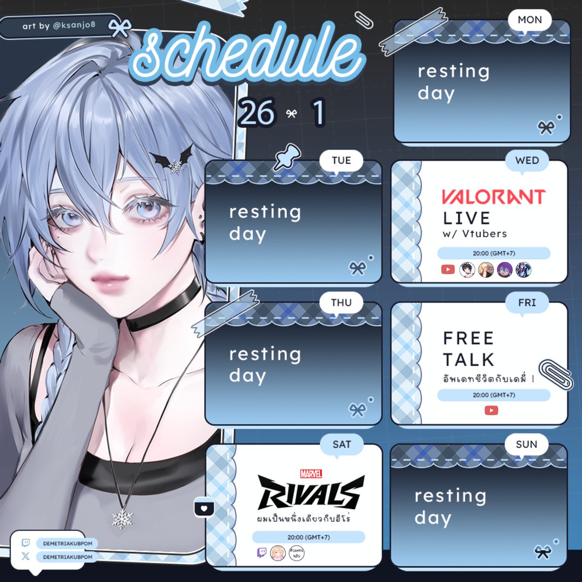 ⟢ Pre - Debut 🩵 LIVE Schedule  𝄞ˎˊ˗

🗓️ 26 Jan - 1 Feb ⭐️

General : #demiikub
Live : #.demiionline
Sing : #.demiising
FanArt : #.fa2demii
FanTag : #.ฟลอสซี่คับผม

#Vtuber #VtuberTH