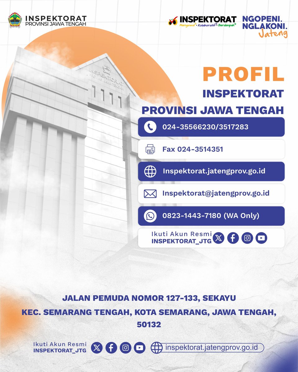 Sobat Integritas, kami informasikan Profil Inspektorat Provinsi Jawa Tengah. Informasi dapat SobGas langsung melalui kantor Inspektorat Provinsi Jawa Tengah maupun lewat media layanan kami sob
#NgopeniNglakoni
#JawaTengah