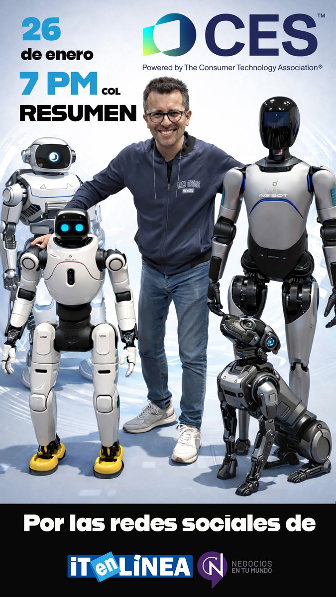 ¡El futuro aterrizó en Las Vegas y te lo resumimos! 🤖🚀

No te pierdas el especial del #CES2026 con @Juancarlosy, <a href="/it_enlinea/">Jonatán Ramírez</a> y Ma. Fernanda Yepes. ¡Lo último en robótica e IA!

🗓 Lunes, 26 de enero 🕖 7 PM (COL)

Gracias al apoyo de: 🔹 <a href="/Comfama/">Comfama</a> 🔹 @TaxIndividual

#Tecnología