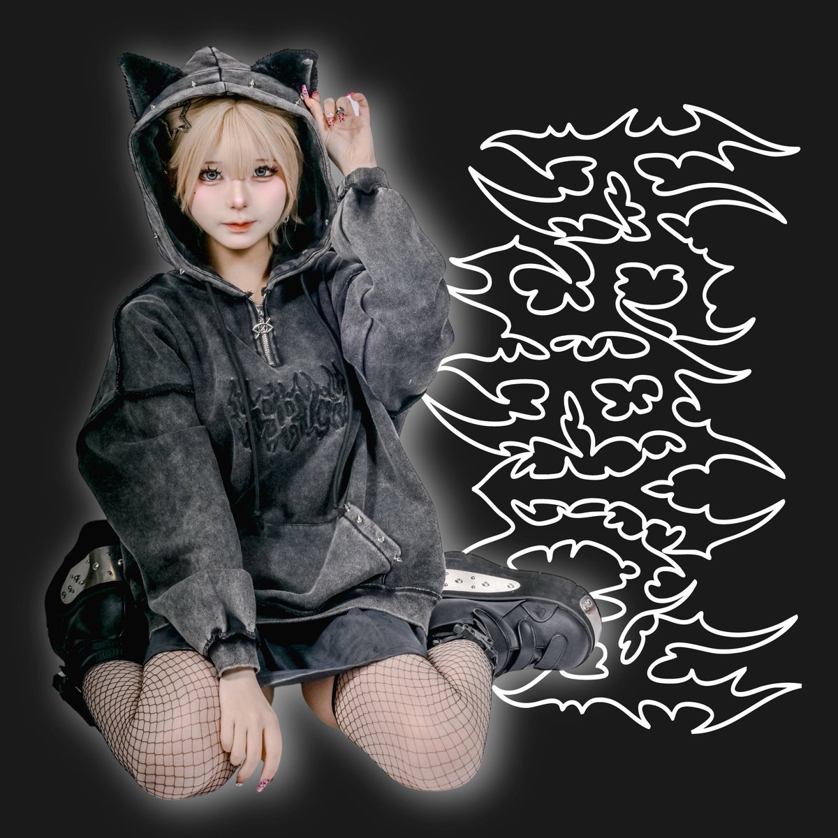 IBYOL 2」 ビンテージウォッシュ加工 ケモ耳スタッズファーパーカー