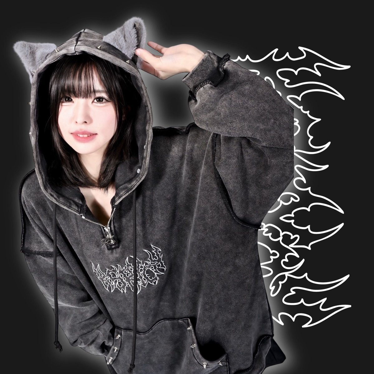 IBYOL 2」 ビンテージウォッシュ加工 ケモ耳スタッズファーパーカー